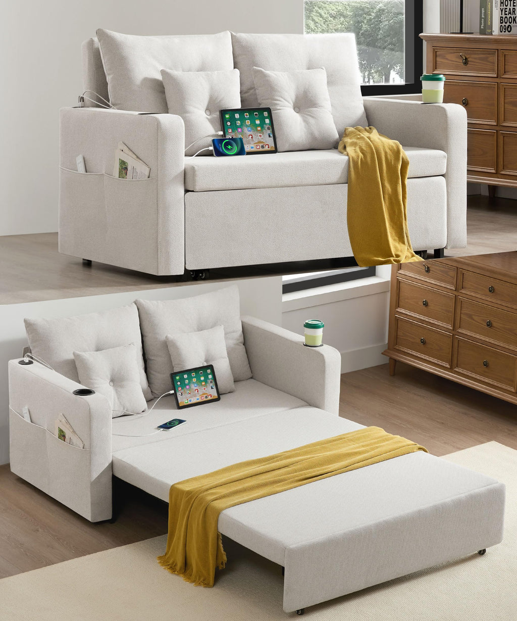 3 in 1 Sofa Bed, 56 Inch Convertible Pull Out Couch, Loveseat Sleeper Sofa with Cup Holders, USB, Sofa Couches for Living Room, Bedroom, Apartment, Dark Grey