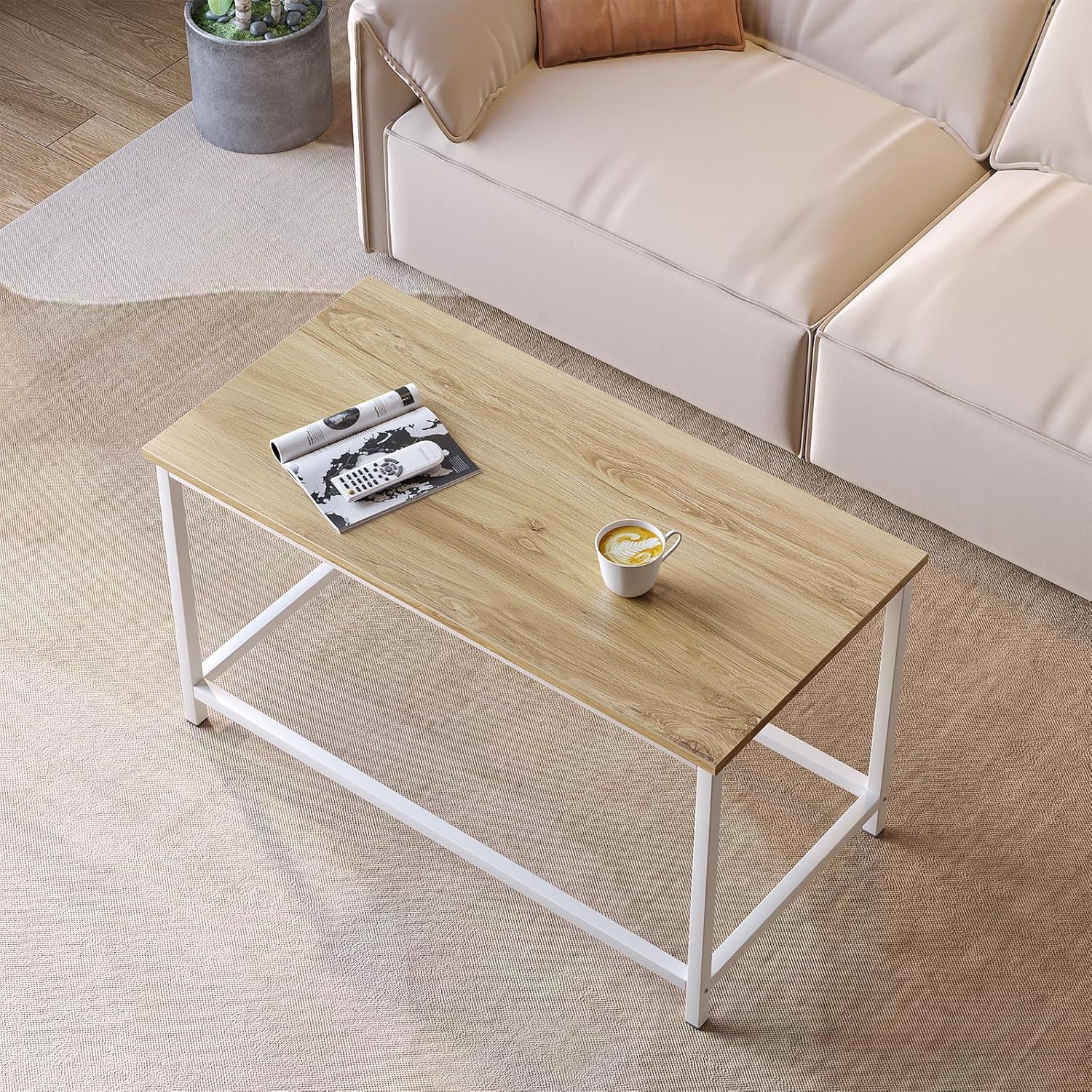 SAYGOER Small Rectangular Coffee Table Simple Modern Open Design Minimalist Center Table for Living Room Small Spaces, Easy Assembly, 31.5 x 15.7 x 17.7, Oak White