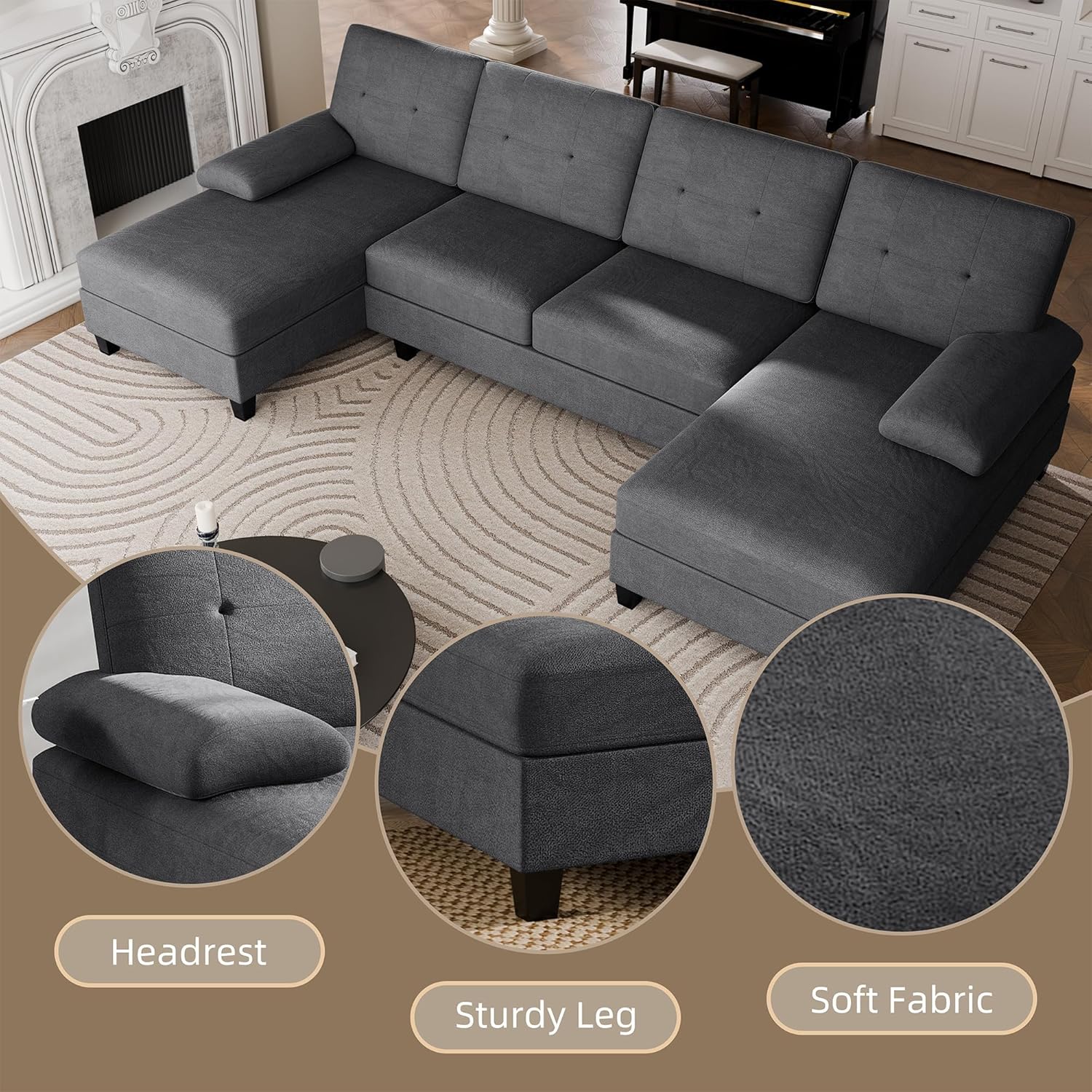 Walsunny Sectional Couches for Living Room, Convertible U-Shaped Sofa Couch with Double Chaise, 4 Seat Sofa Set Modular Sofa Couch for Apartment, Black