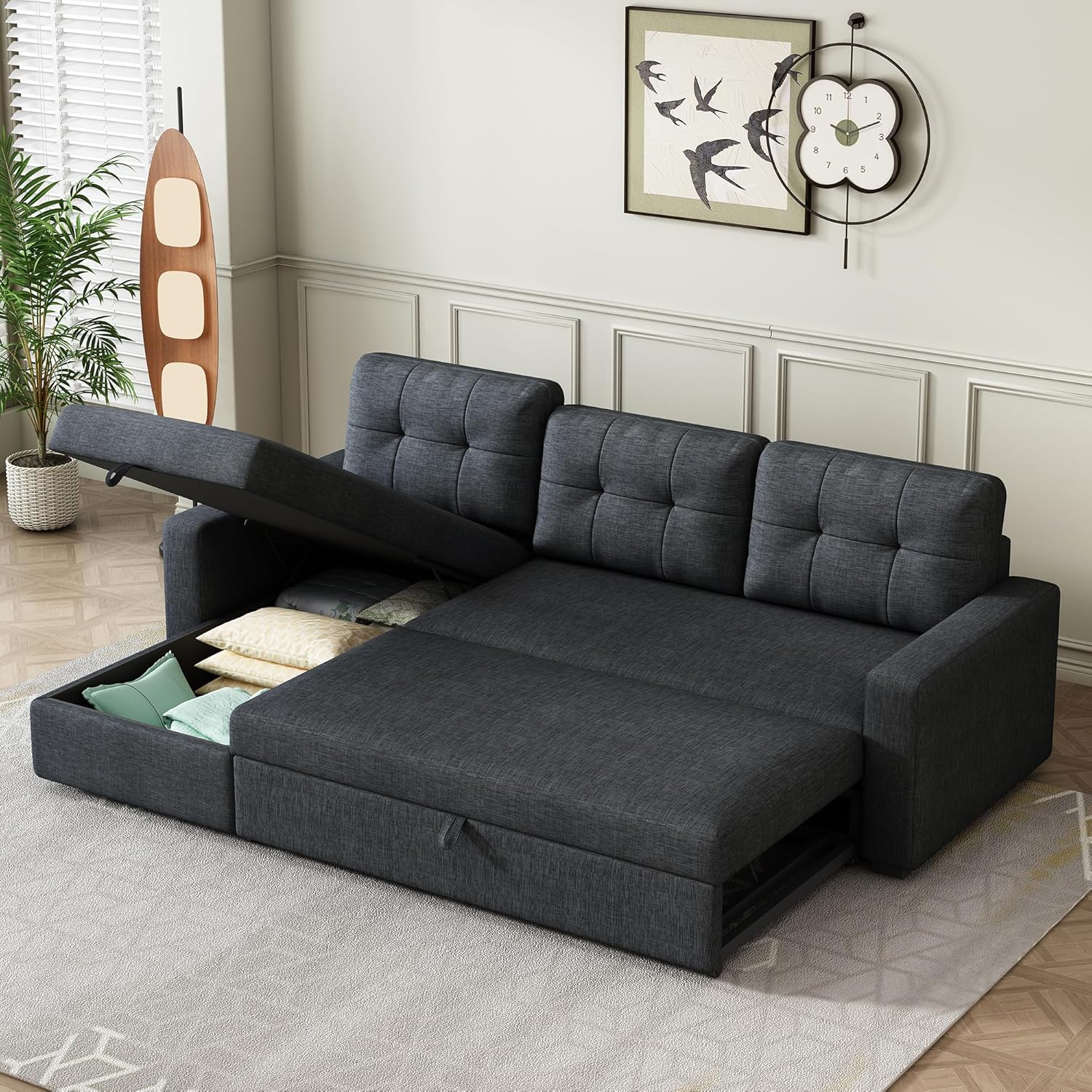 L-Shape Reversible Sectional Sleeper Sofa Bed 4 in 1 Pull Out Couch with Storage Chaise & Removable Back Cushions,Convertible Sleeper Corner Couch Pull-Out Sofa Bed for Living Room,Office