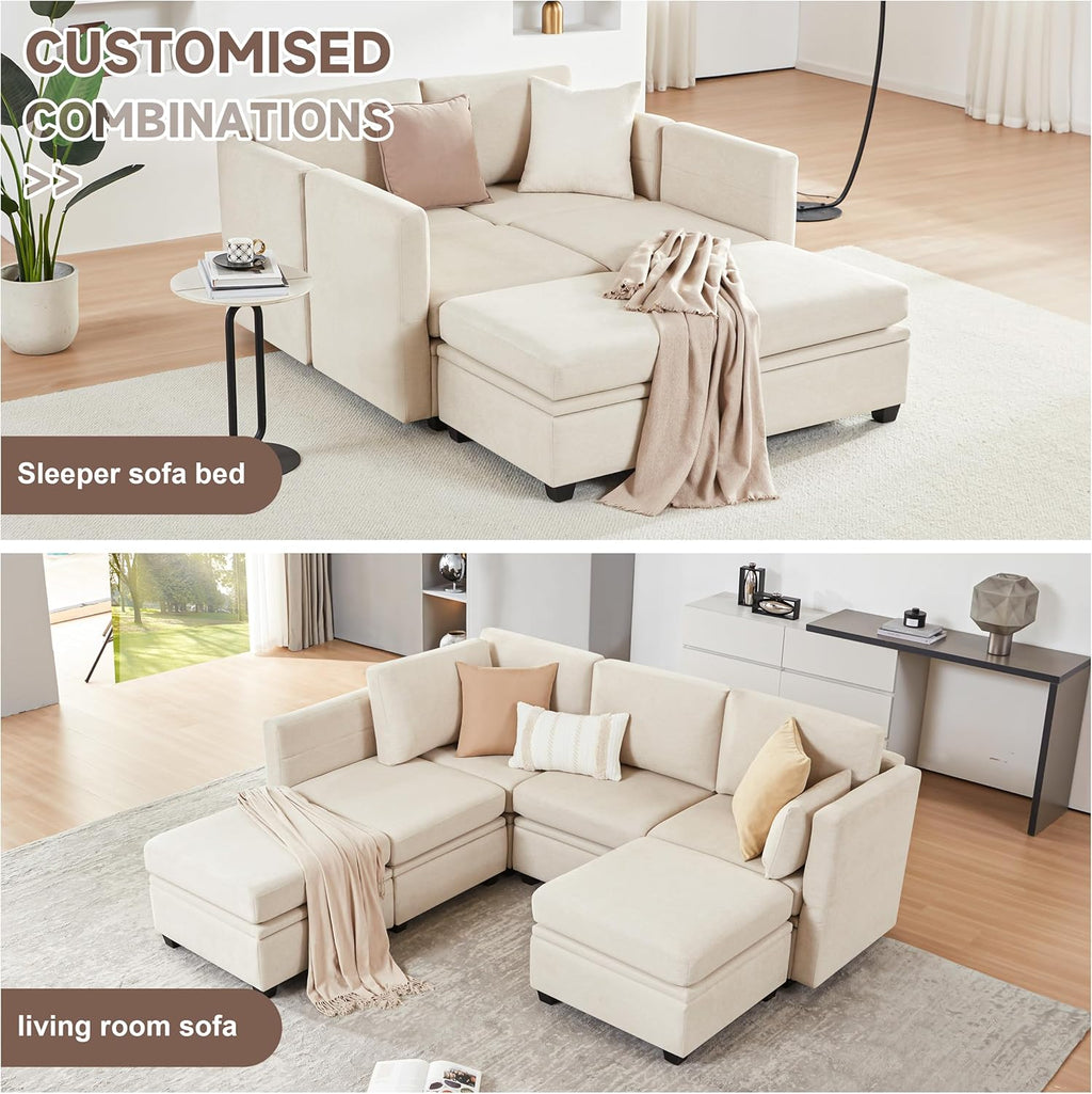 Modular Sectional Sofa with Storage, U Shaped Sectional Couch for Living Room, Convertible Modular Sofa Couch with Ottomans, High Supportive & Soft Sponge, 6 Seat, Beige