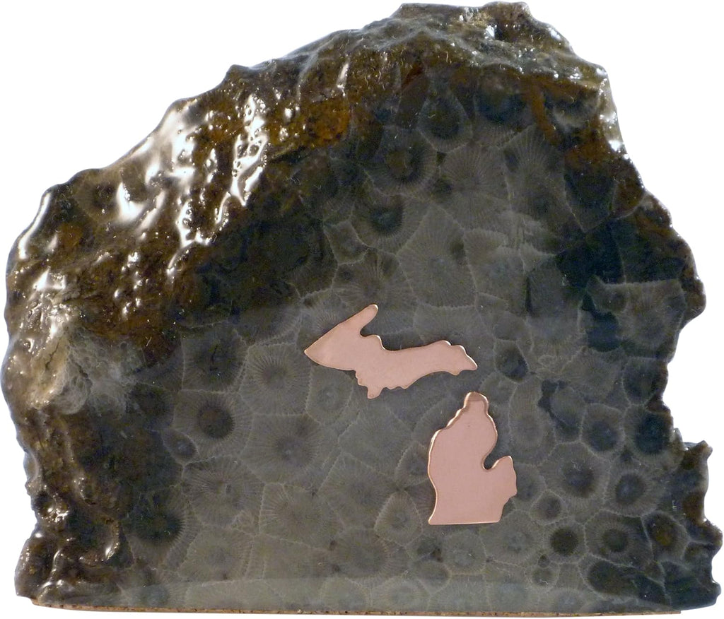 Hand Crafted Petoskey Stone (Small) Decorated with Michigan Copper. Michigan State Stones Great for Office Table or Desk Decor - Medium (Small)
