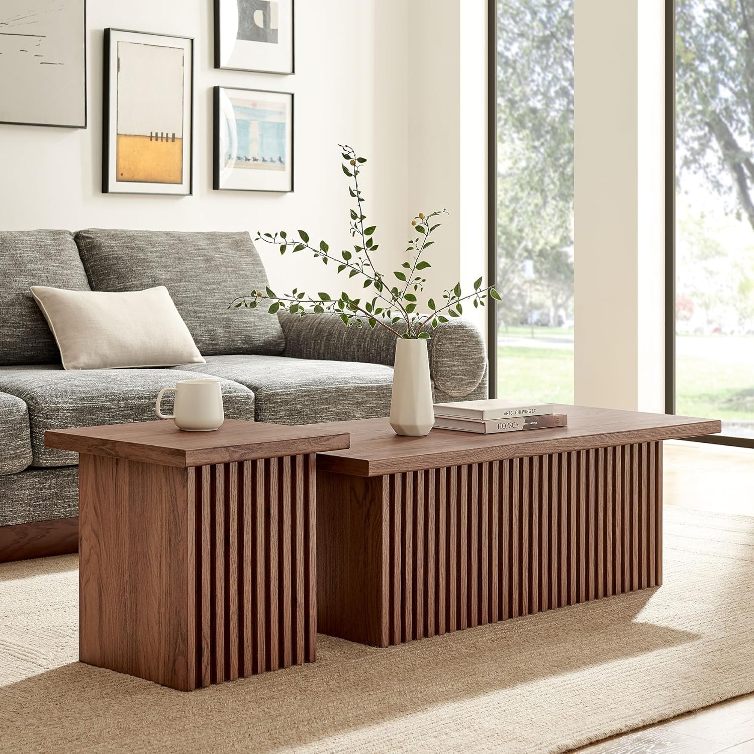 Modway Render Slatted Nesting Coffee Table Set in Walnut - 2 Piece Low Profile Coffee Table Mid Century Modern - Abstract Coffee Tables for Living Room - Nested Accent Tables