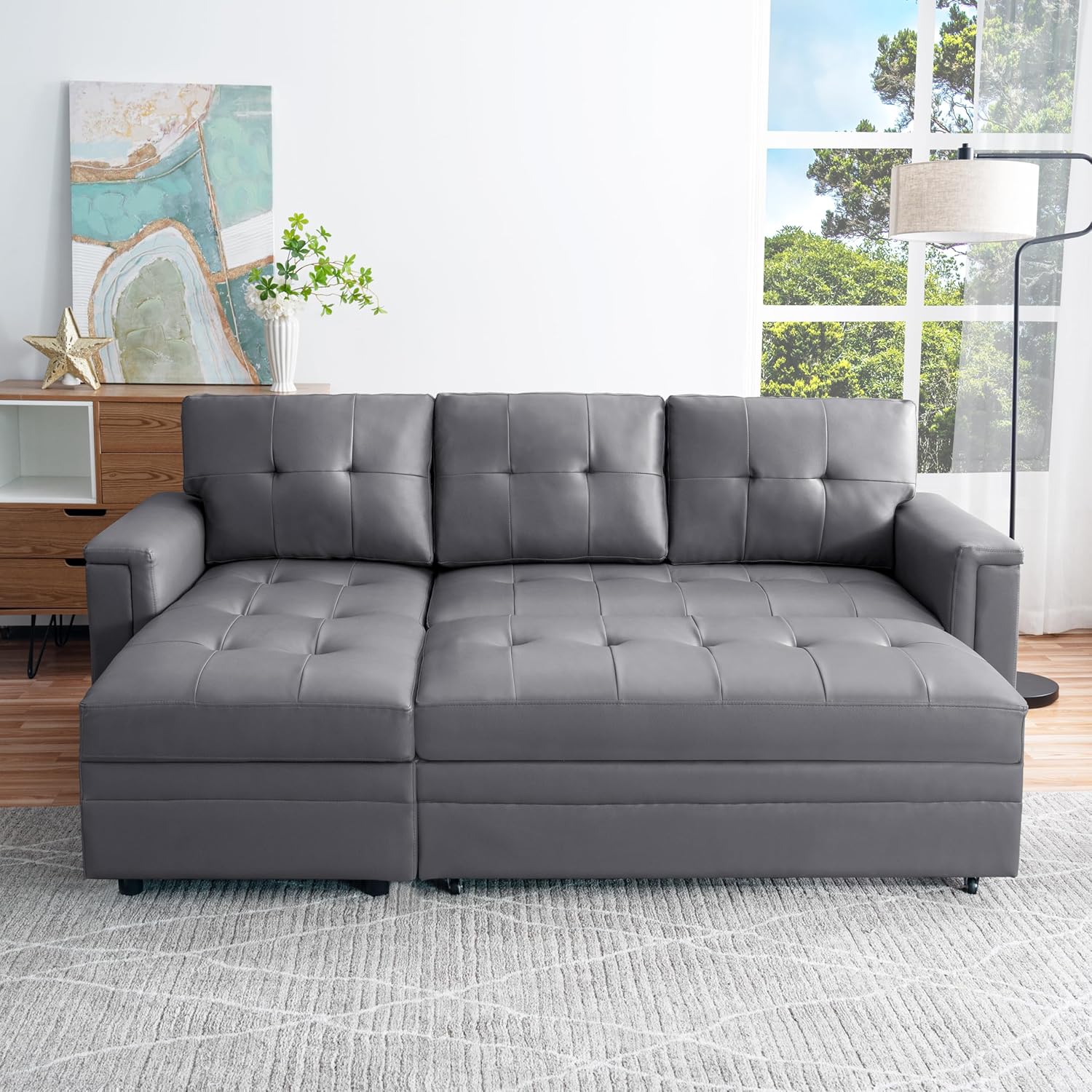 Naomi Home Lily Sectional Sleeper Sofa with USB Ports-L-Shaped Couch Convertible Pull-Out Bed, Ample Storage, Timeless Design, Sturdy Construction, Long-Lasting for Modern Living, Gray, Air Leather