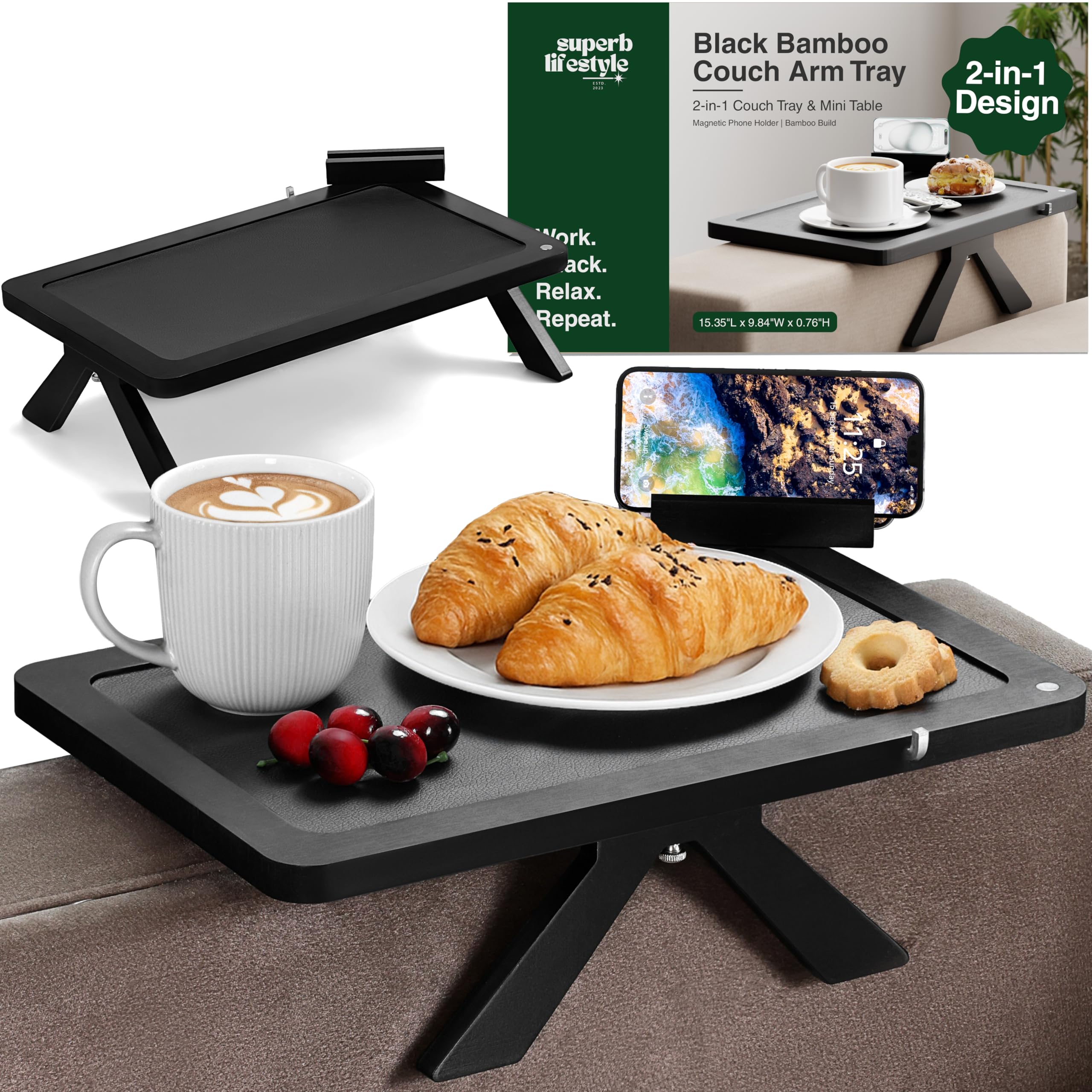 Acacia Couch Arm Tray/Mini Table – 2 in 1 Couch arm Table (15.3” x 9.8” x 4”), Adjustable Legs (up to 8.8”), 360° Rotating Phone Holder, Wire Holder, Non-Slip Mat – Couch Tray to Keep Snacks, Coffee
