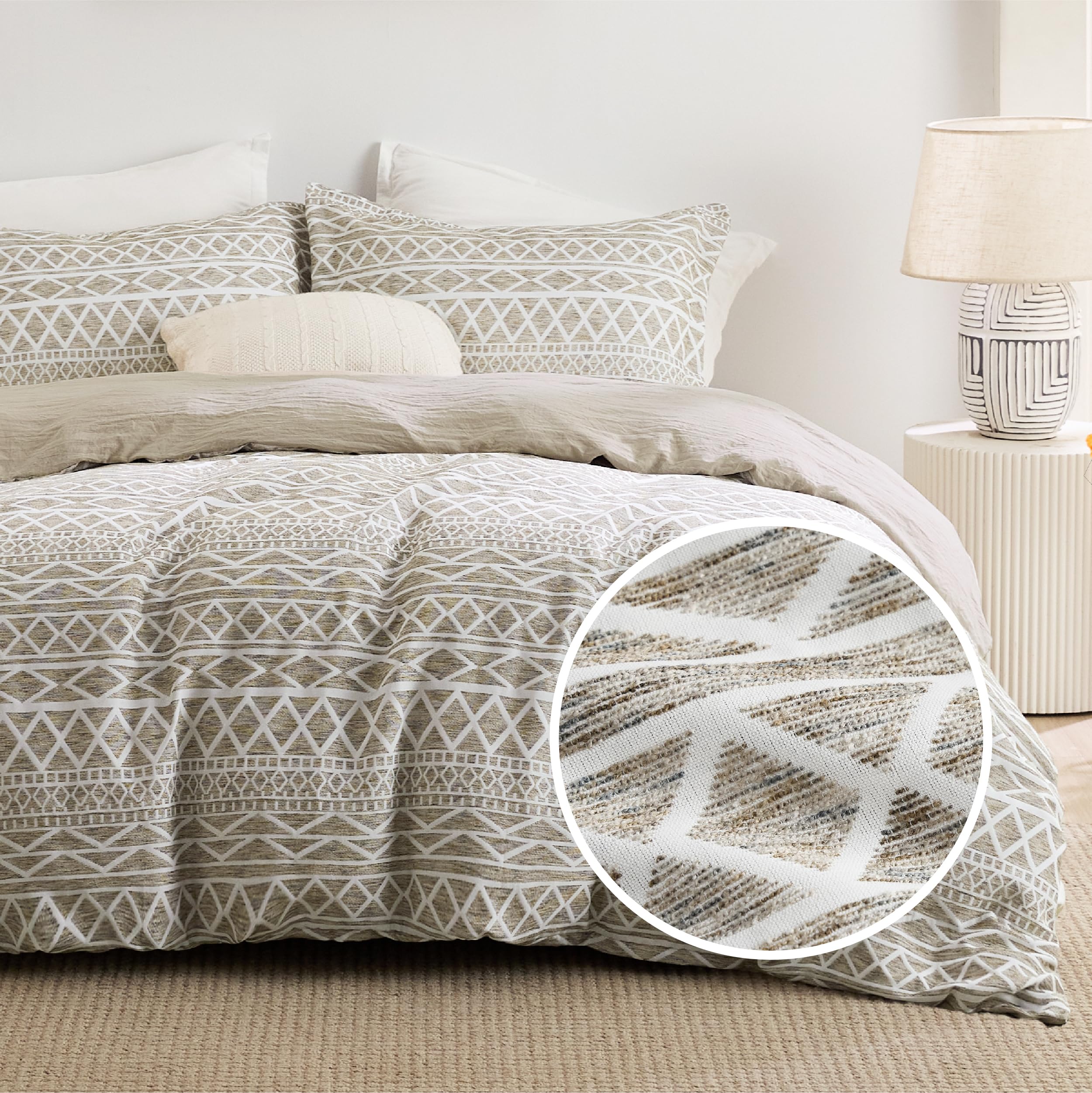 Housse de couette Boho Bedsure - Parure de lit Boho pour toutes les saisons, housse de couette jacquard shabby chic (gris, géométrique, king size, 104"x90")