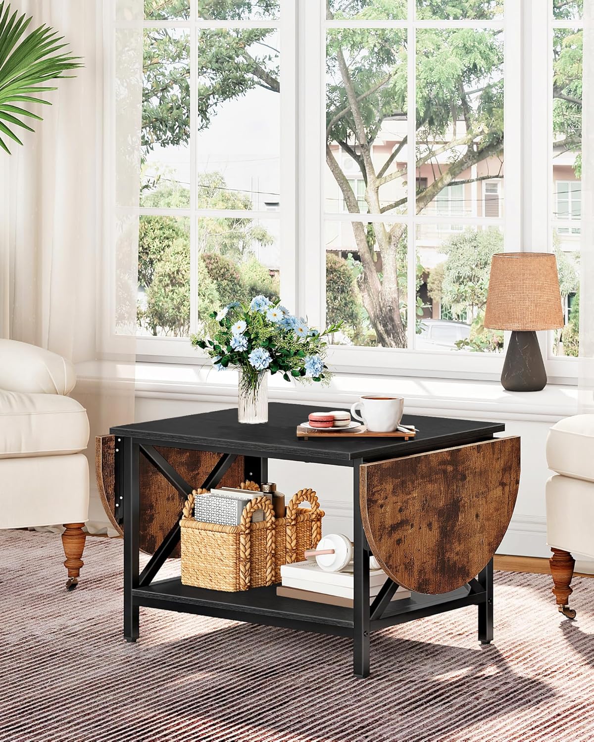 47.2" Folding Coffee Table, 2-Tier Extendable Coffee Table, Vintage Center Table with 2 Drop Leaves, with Storage Shelf, for Living Room, Bedroom, Balcony, Rustic Brown and Black TKF02BF