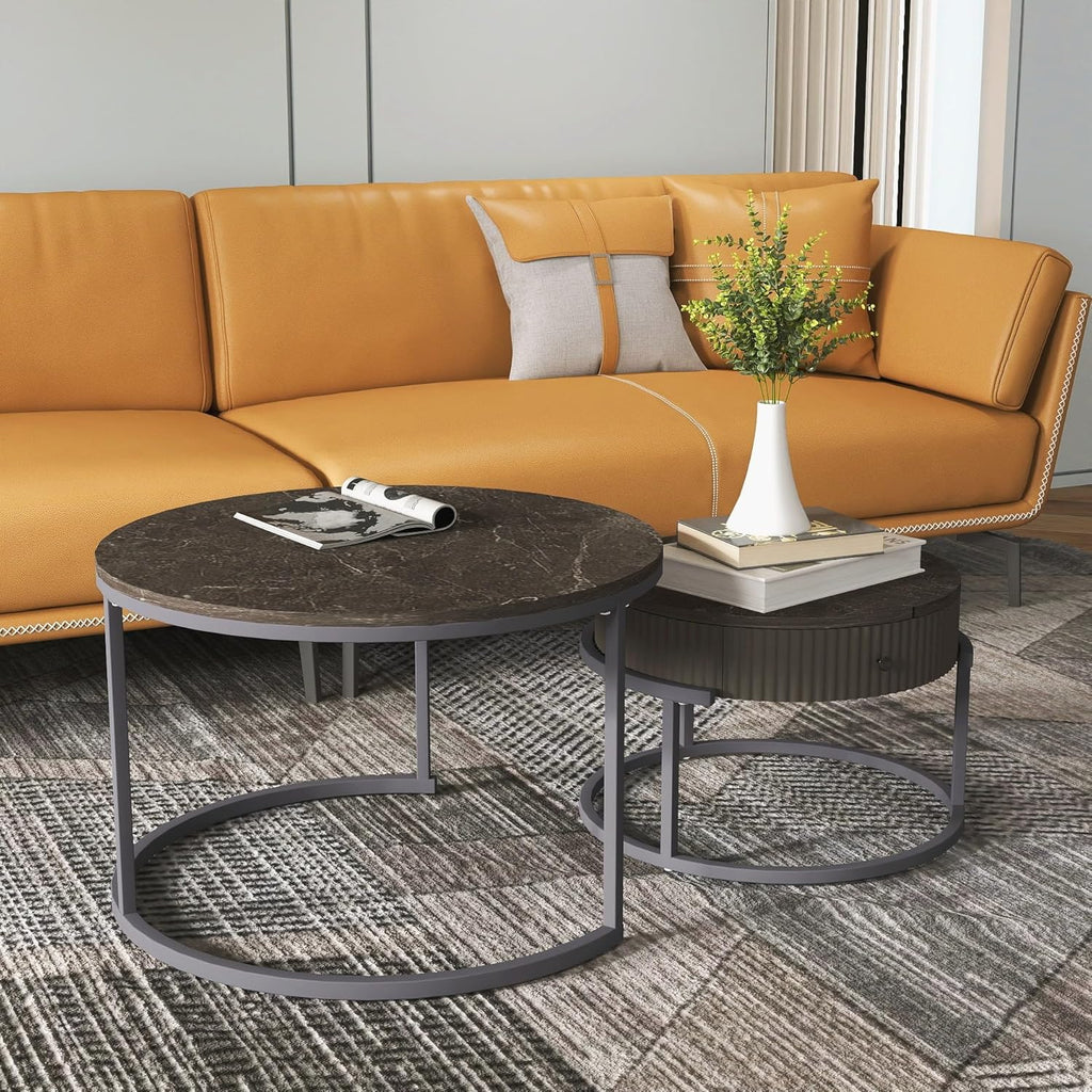 Round Nesting Coffee Tables Set: Gray Marble End Tables Set of 2 - Modern Metal Stacking Side Tables for Living Room Small Spaces