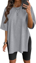 Women's Solid Color Split Short-sleeved T-shirt Round Neck Loose Top