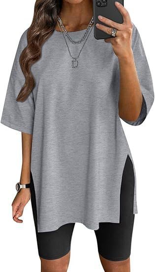 Women's Solid Color Split Short-sleeved T-shirt Round Neck Loose Top