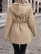 Drawstring Waist Hooded Plush Lined Parka Coat