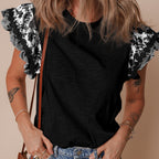 Black Ricrac Trim Printed Flutter Sleeve Contrast Patchwork Blouse