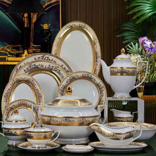 98pcs chinaware luxury porcelain dinnerware set gold design bone china dinner plate dishes bowl tea coffee cup sets - Grand Goldman