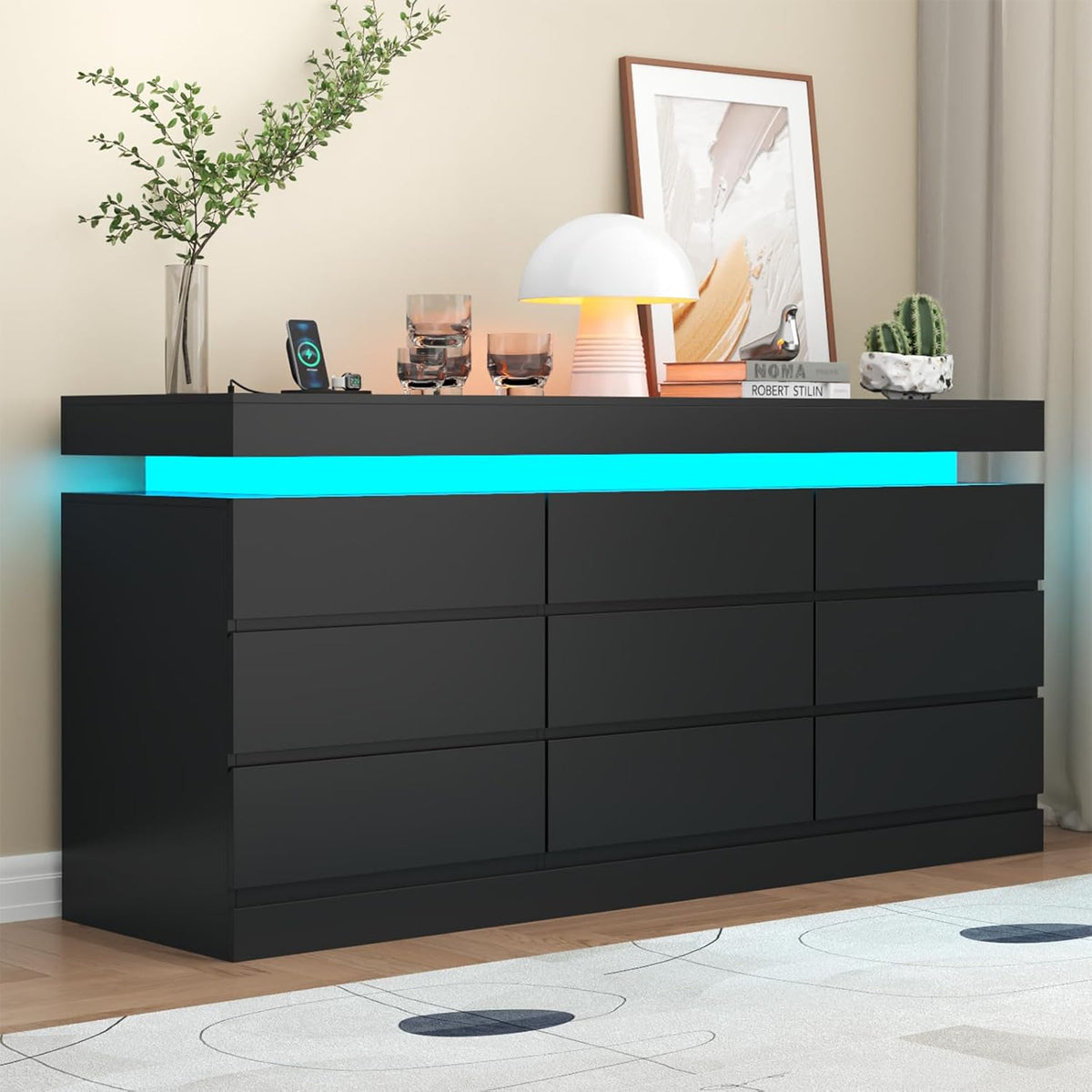 9 Drawer Dresser with Power Outlet, Dresser with LED Light, Modern Chest of Drawers for Closet, Double Wide Drawer Organizer Cabinet for Bedroom, Living Room, Entryway, Hallway (Black, 9 Drawers) - Grand Goldman