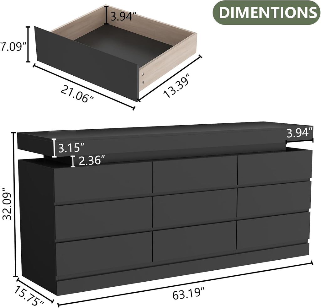 9 Drawer Dresser with Power Outlet, Dresser with LED Light, Modern Chest of Drawers for Closet, Double Wide Drawer Organizer Cabinet for Bedroom, Living Room, Entryway, Hallway (Black, 9 Drawers) - Grand Goldman