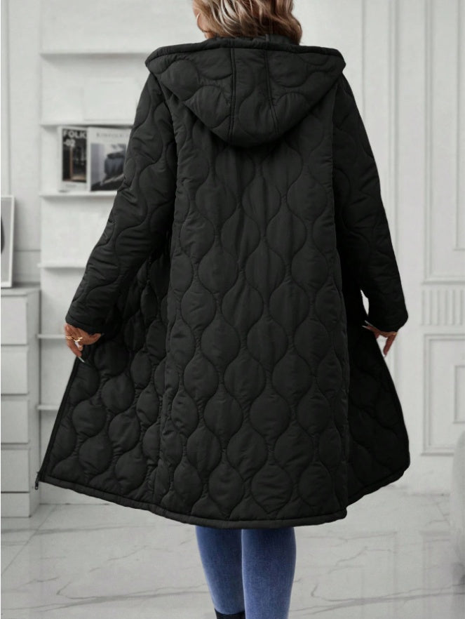 Ladies' Solid-Colored Zipper Fly Hooded Padded Coat