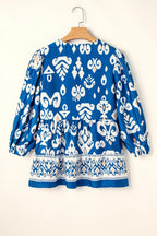 Blue Tribal Geometric Print Sleeve Flowy Fit Blouse