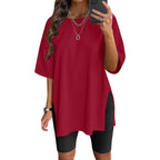 Women's Solid Color Split Short-sleeved T-shirt Round Neck Loose Top