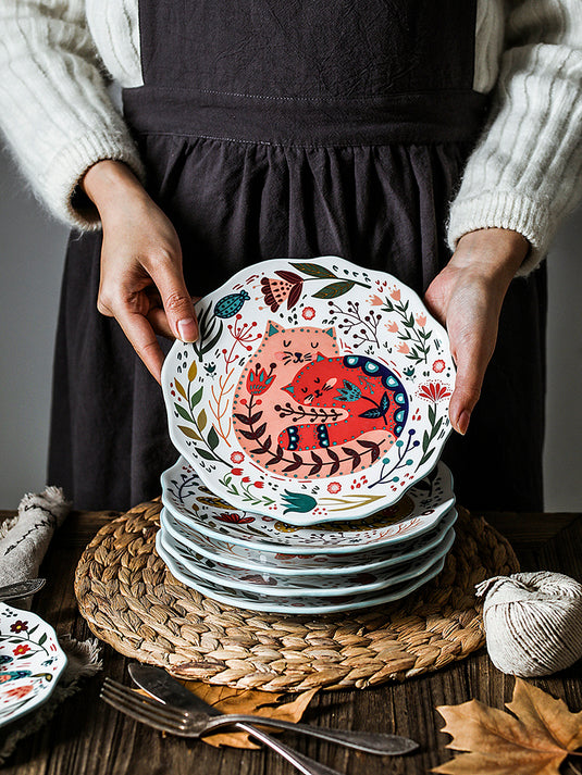 Cartoon Lucky Cat Round Plate Ceramic Color Dinner Plate Dish Plate Nordic Tableware - GRAND GOLDMAN
