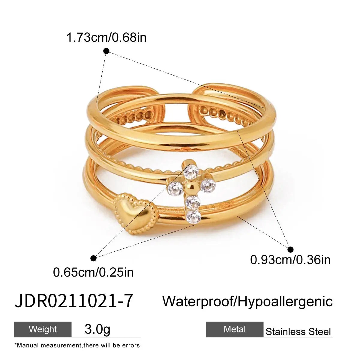 Zora 3-Piece Set Adjustable Stacking Rings 18K Gold Plated Stainless Steel Cross Heart Design Versatile Gift Jewelry