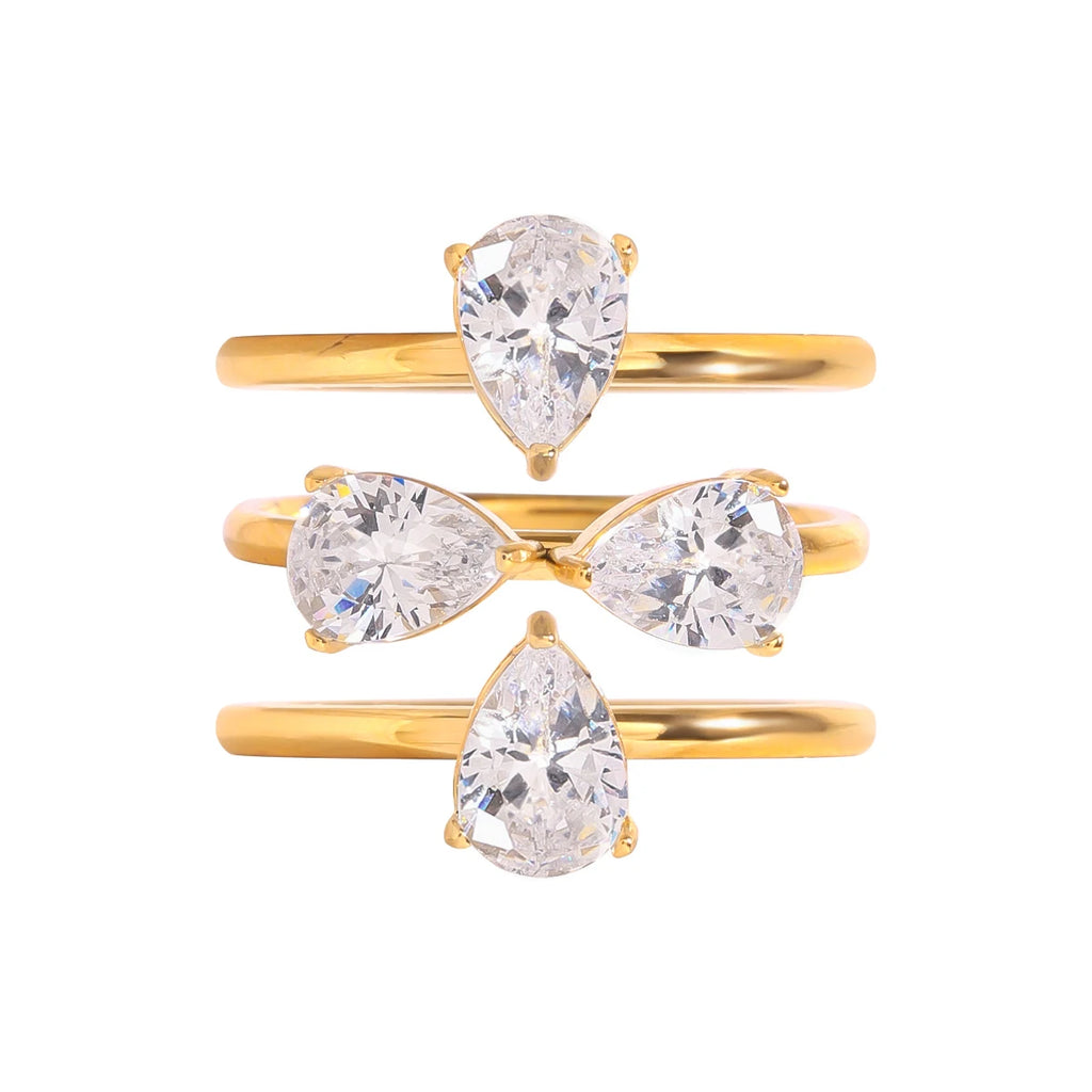 Zora Set de 3 Piezas Anillos Apilables Ajustables de Trébol Acero Inoxidable Chapado en Oro 18K Gota de Zirconia Brillante Joyería de Regalo de Lujo