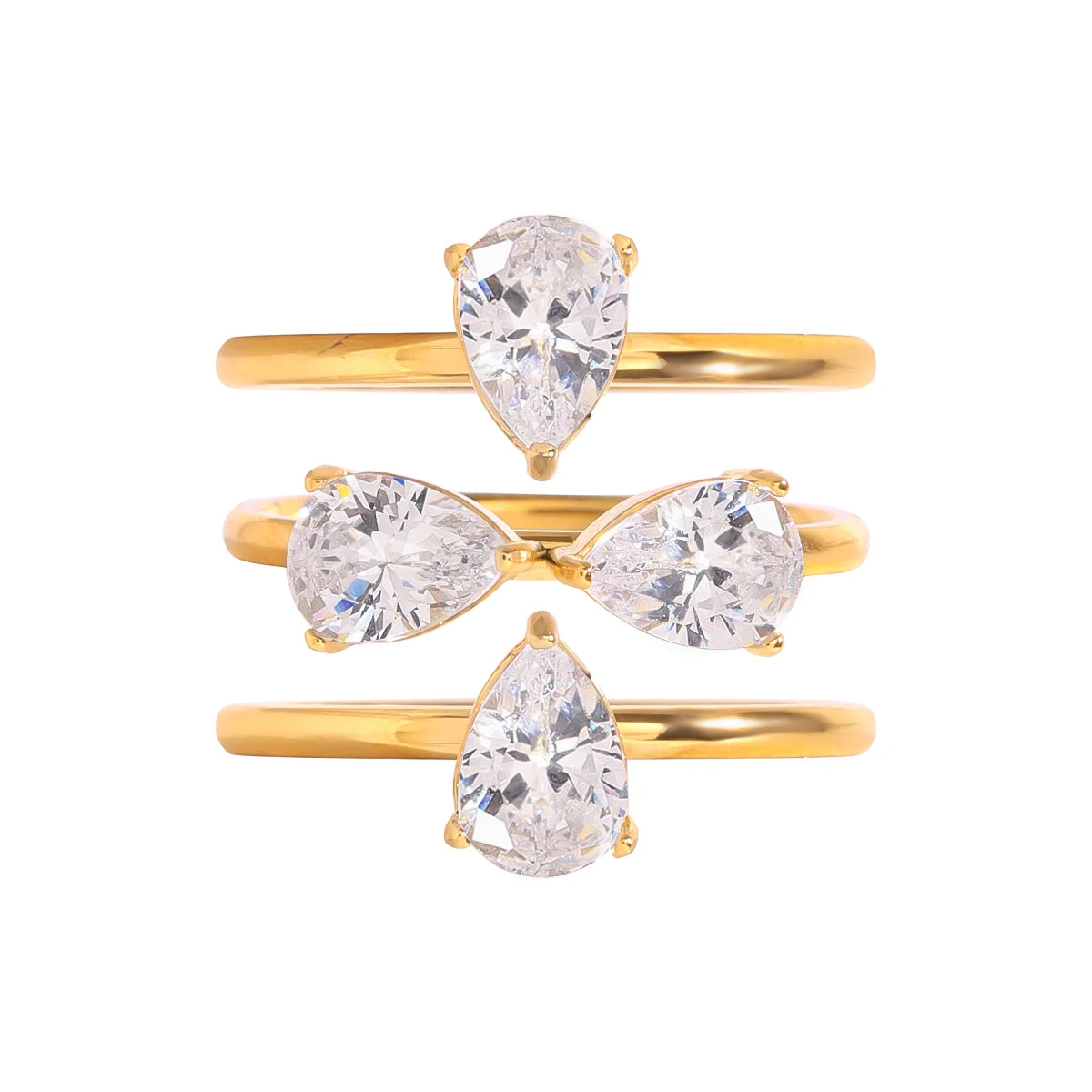 Zora Set de 3 Piezas Anillos Apilables Ajustables de Trébol Acero Inoxidable Chapado en Oro 18K Gota de Zirconia Brillante Joyería de Regalo de Lujo