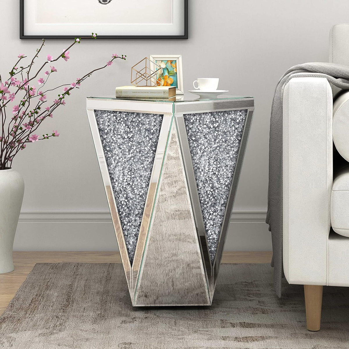 ENENE Mirrored End Table Crystal Diamond Setting Coffee Table Silver Glass Side Table Pedestal Stand for Hallway, Living Room, Corner, Bedroom, Sofa