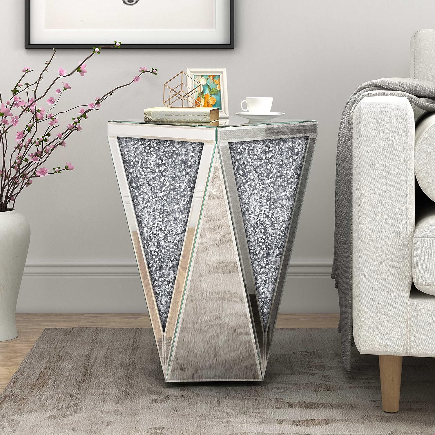 ENENE Mirrored End Table Crystal Diamond Setting Coffee Table Silver Glass Side Table Pedestal Stand for Hallway, Living Room, Corner, Bedroom, Sofa
