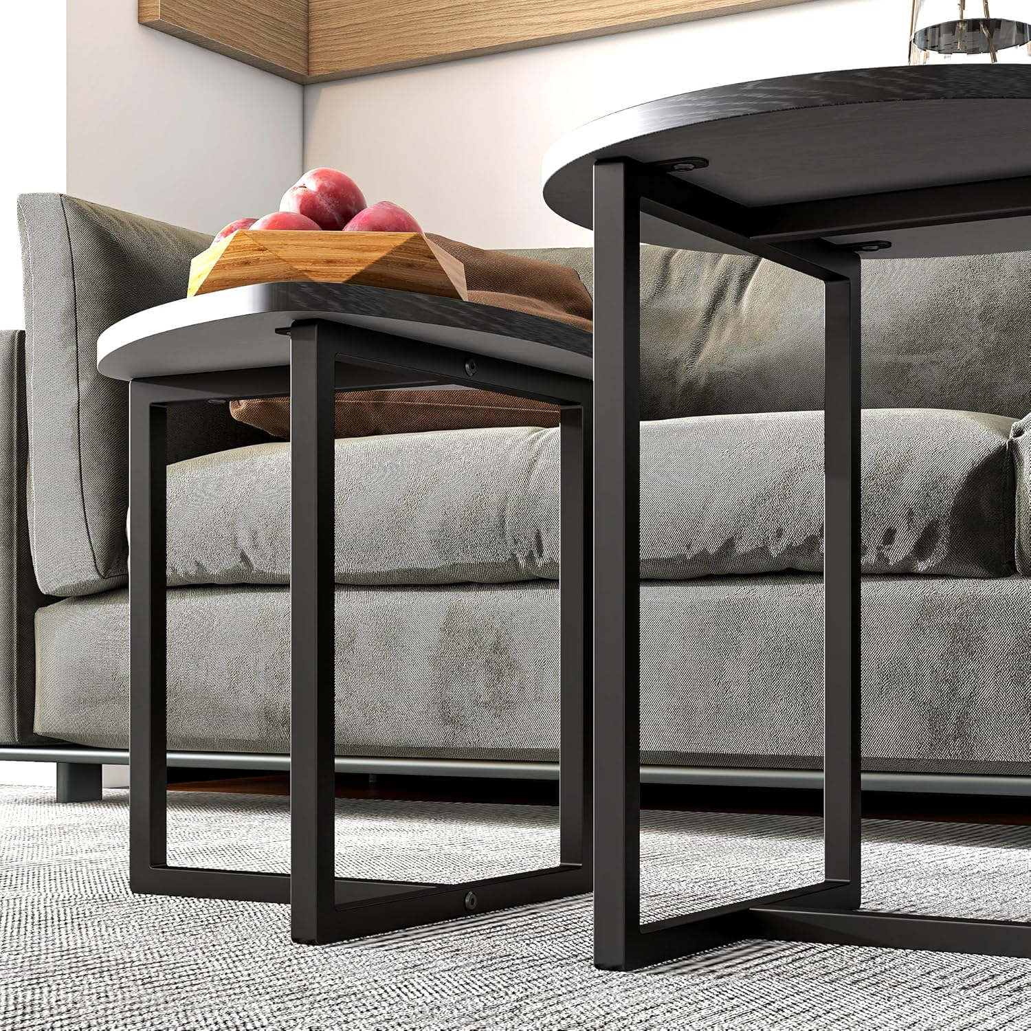 HOJINLINERO Coffee Table Side Tables End Tables Living Room Set of 2,Round Coffee Table Small Coffee Table Decor for Bedroom,Modern & Sturdy Metal Frame & Wood Top,Easy Assembly,Black Coffee Table