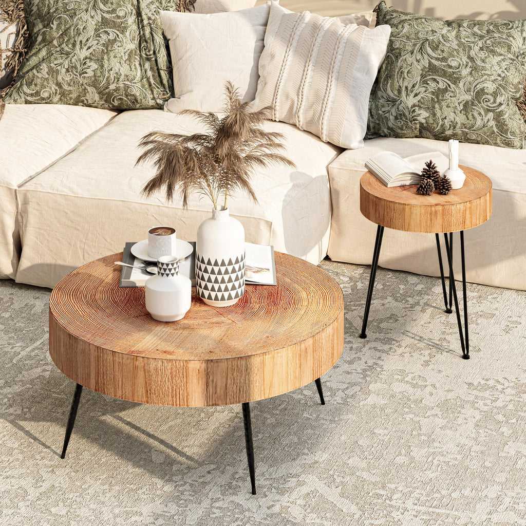 2-Piece Modern Farmhouse Living Room Coffee Table Set, Nesting Table Round Natural Finish with Handcrafted Wood Ring Pattern