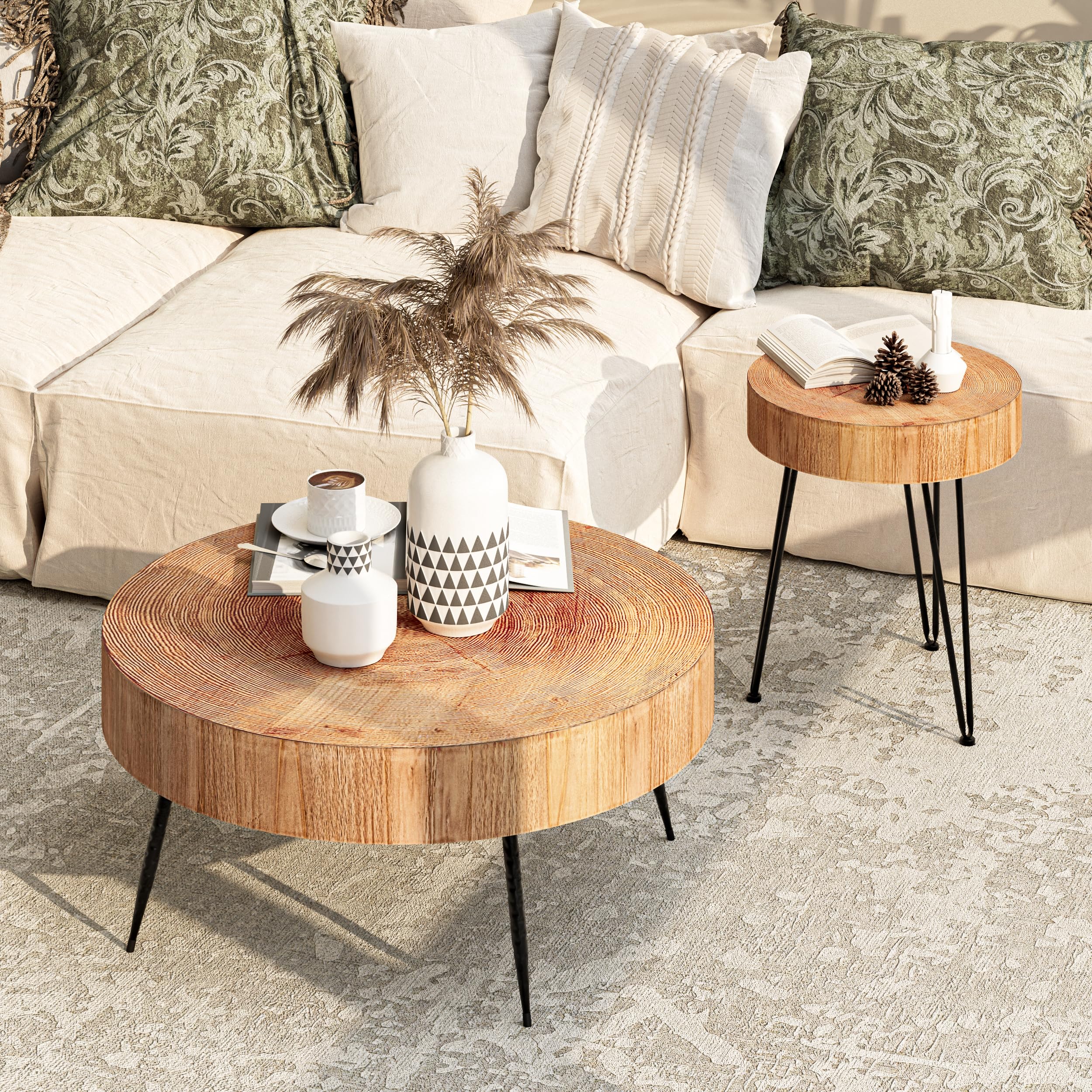 2-Piece Modern Farmhouse Living Room Coffee Table Set, Nesting Table Round Natural Finish with Handcrafted Wood Ring Pattern