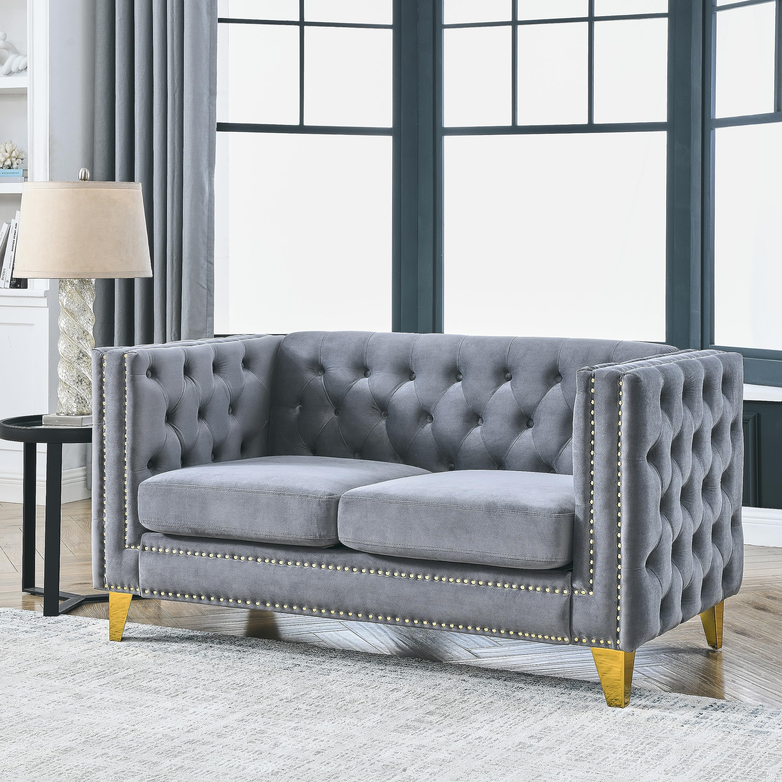 KEIKI Tufted Velvet 3+3 Seat Sofa Couch for Living Room, Buttons Tufted Square Arm Couch for Home Apartment, Gray