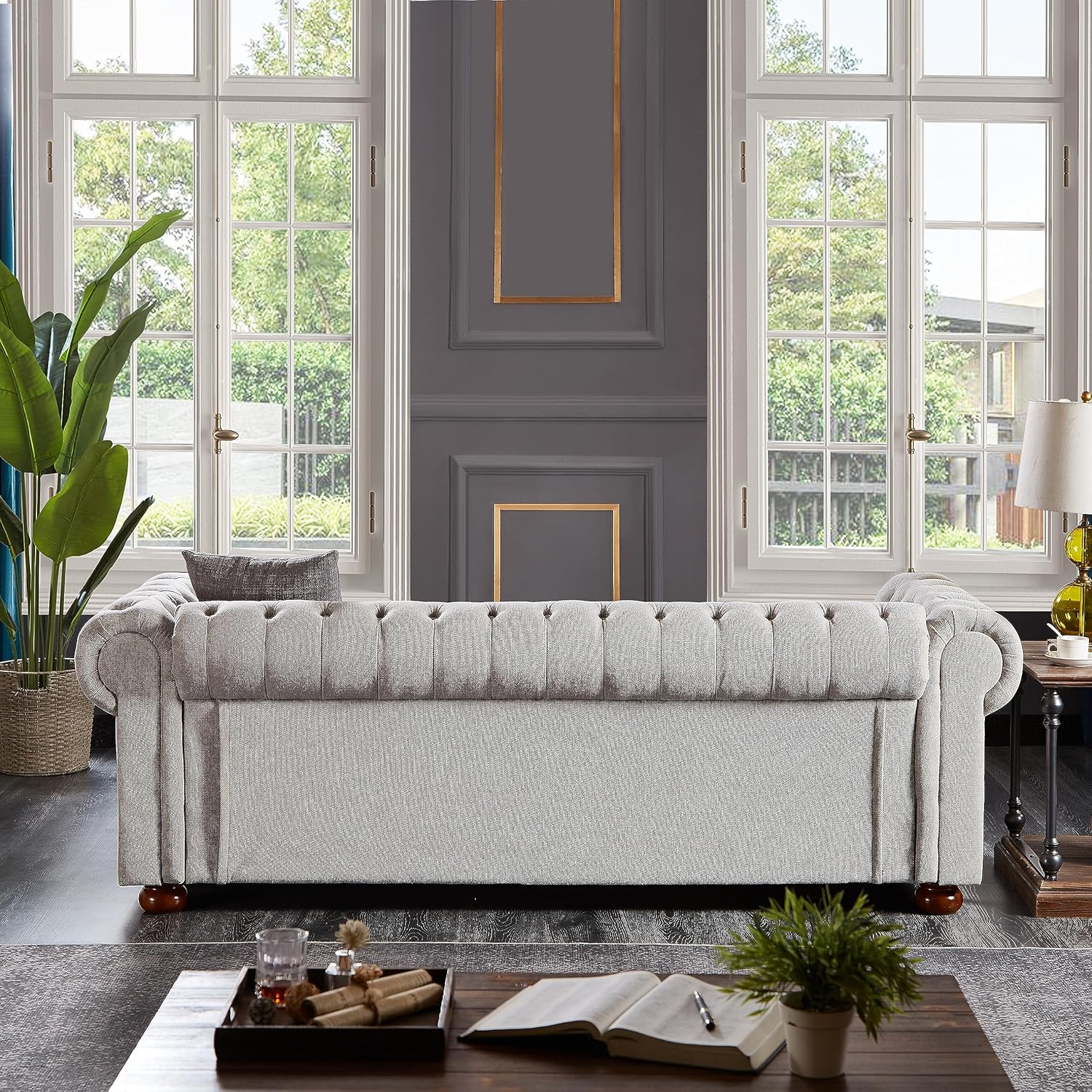 Chesterfield Sofa, 89" Mid Century Modern Loveseat Sofa in Linen Fabric, 3 Seater Couch for Small Spaces, Classic Couch for Bedroom, Living Room and Office, Light Grey