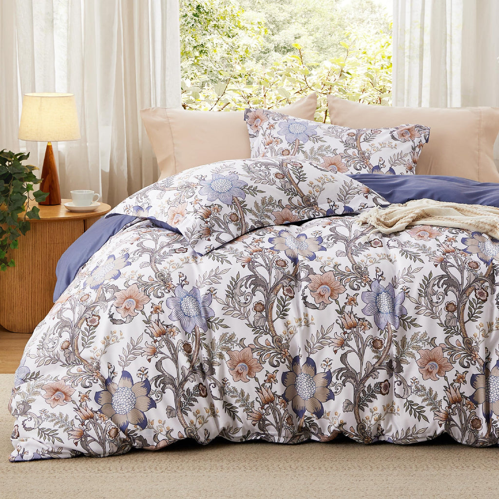 Bedsure Duvet Cover Queen Size - Reversible Floral Duvet Cover Set with Zipper Closure, Green Bedding Set, 3 Pieces, 1 Duvet Cover 90"x90" with 8 Corner Ties and 2 Pillow Shams 20"x26" - Grand Goldman