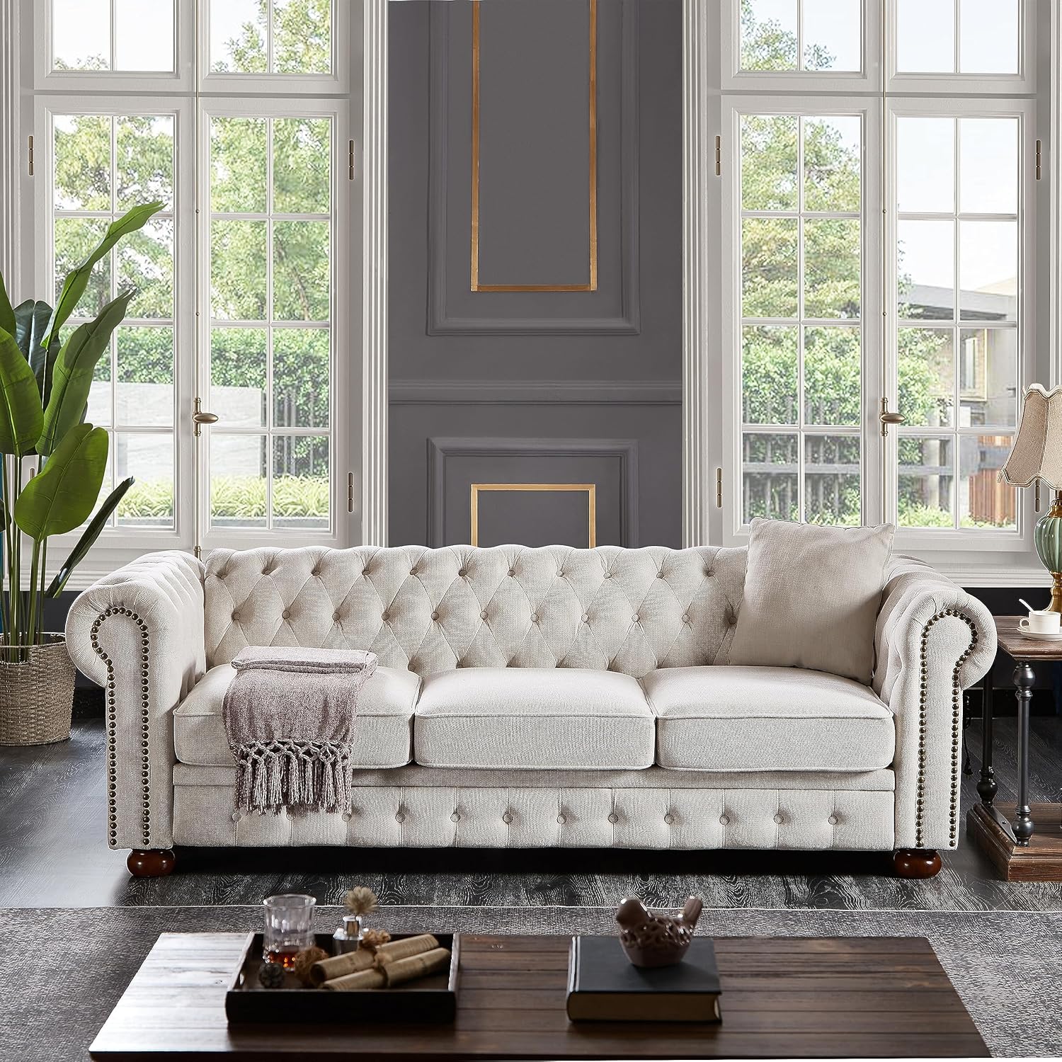 ERYE Clasic Chesterfield 3 Seaters Sofa Couch Luxury Roller Armrest,Special Soild Wood Legs, Linen Fabric Upholstered Button Tufted Sofa&Couch with Removable Cushions & Nailhead Decor