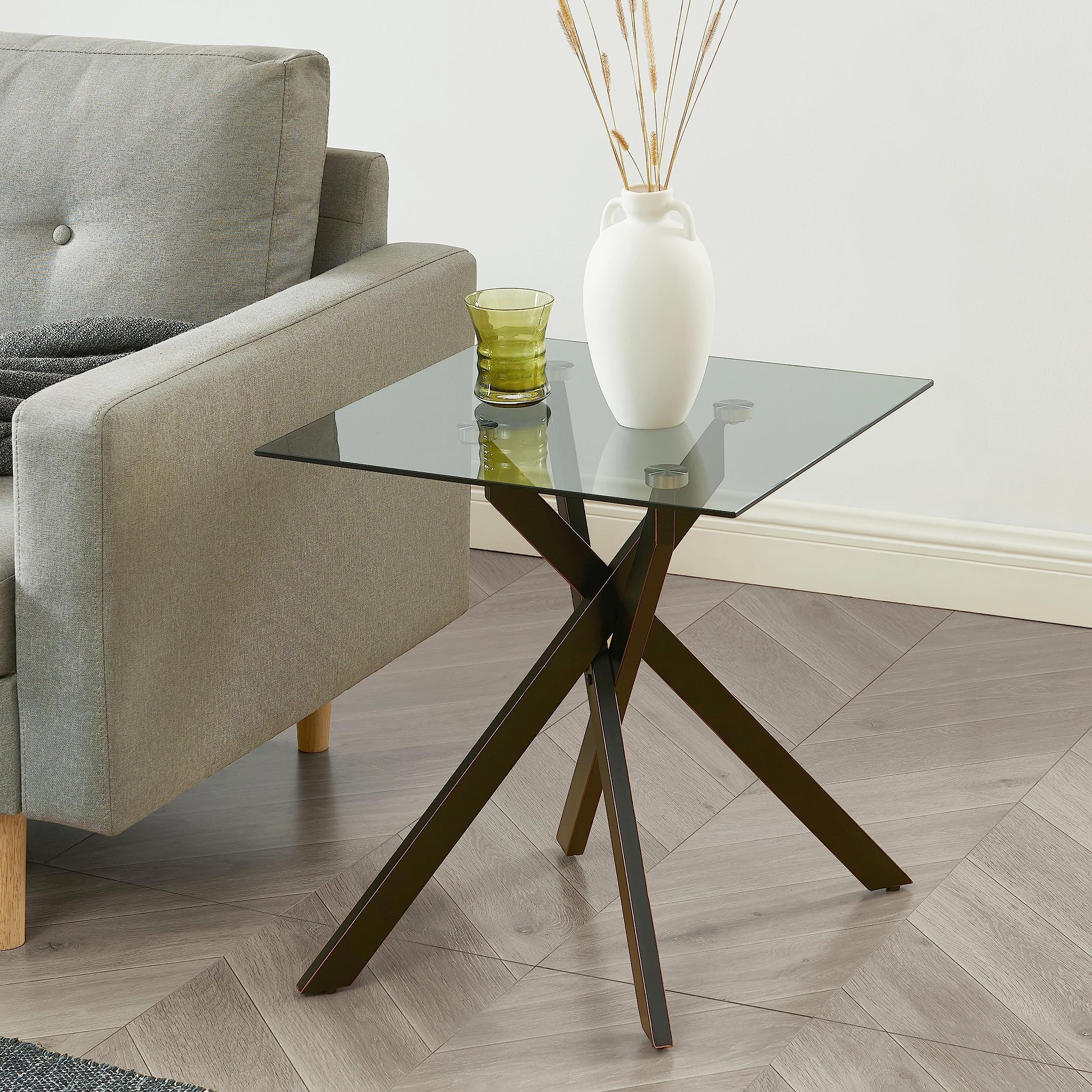 Modern Style Square Side Table with Tempered Glass Top and Metal Tubular Legs, Silver 20”Dx20”Wx22”H