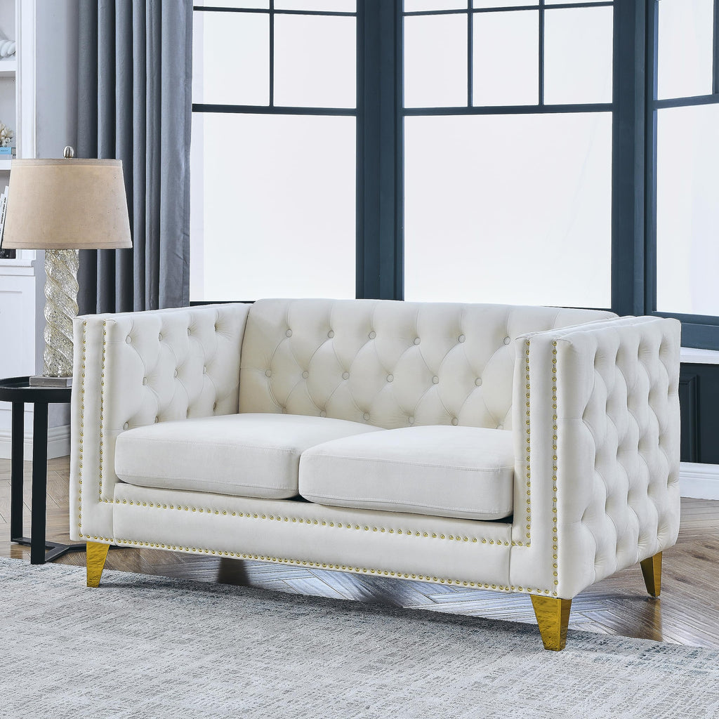 KEIKI Tufted Velvet 3+3 Seat Sofa Couch for Living Room, Buttons Tufted Square Arm Couch for Home Apartment, Gray