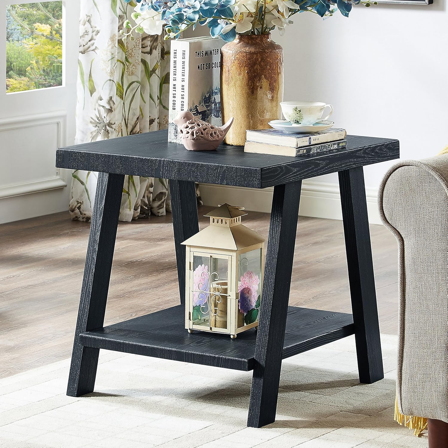 Roundhill Furniture Athens Contemporary 3-Piece Wood Shelf Coffee Table Set , Black