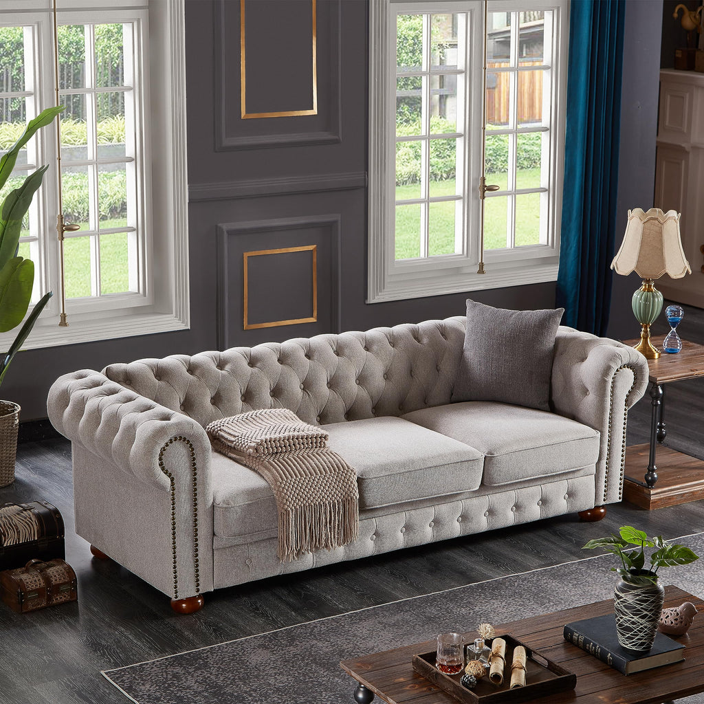 ERYE Clasic Chesterfield 3 Seaters Sofa Couch Luxury Roller Armrest,Special Soild Wood Legs, Linen Fabric Upholstered Button Tufted Sofa&Couch with Removable Cushions & Nailhead Decor