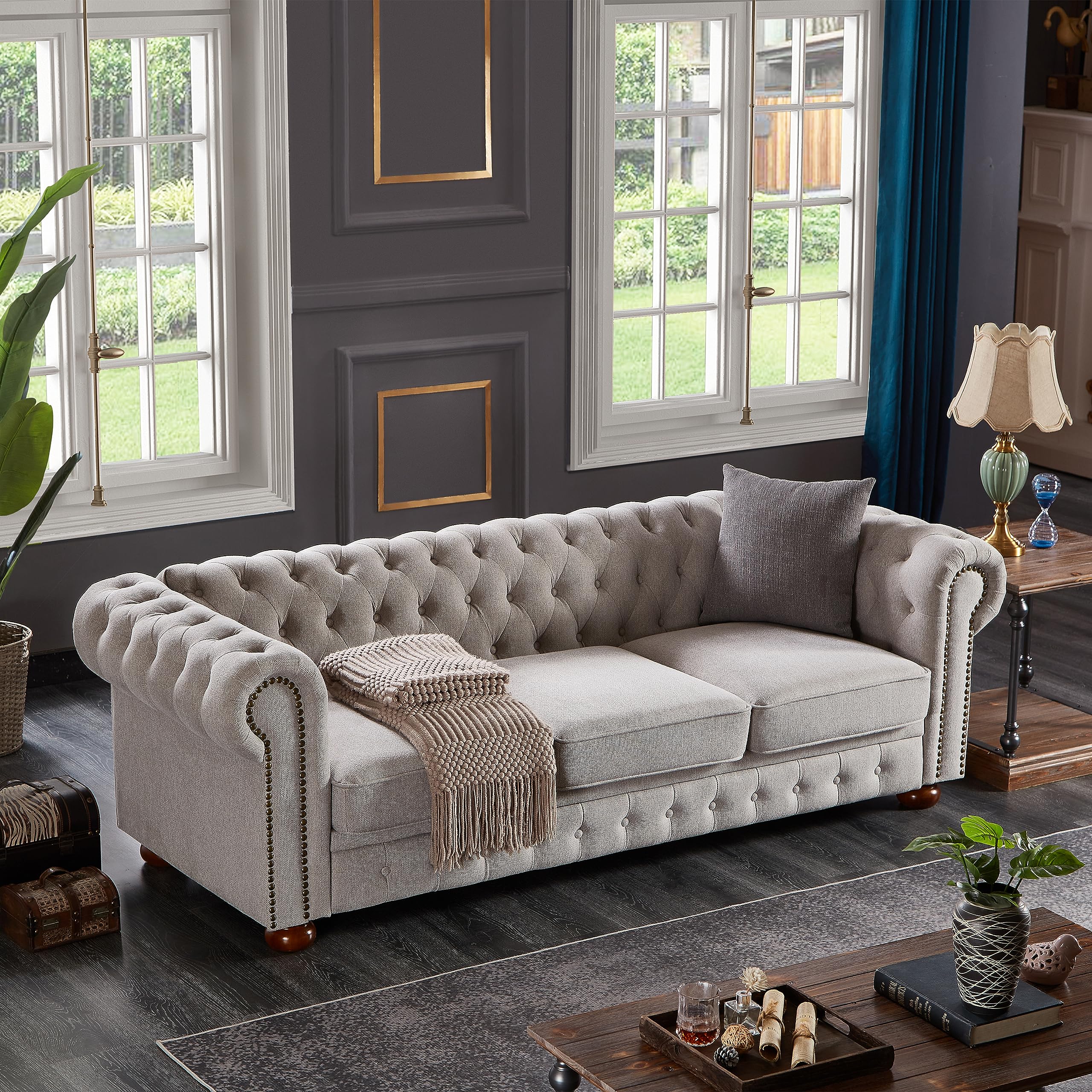 ERYE Clasic Chesterfield 3 Seaters Sofa Couch Luxury Roller Armrest,Special Soild Wood Legs, Linen Fabric Upholstered Button Tufted Sofa&Couch with Removable Cushions & Nailhead Decor