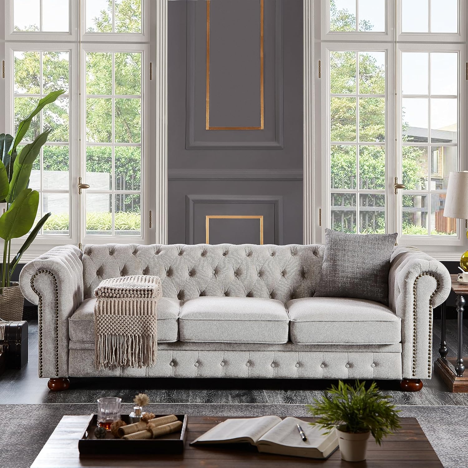 Chesterfield Sofa, 89" Mid Century Modern Loveseat Sofa in Linen Fabric, 3 Seater Couch for Small Spaces, Classic Couch for Bedroom, Living Room and Office, Light Grey