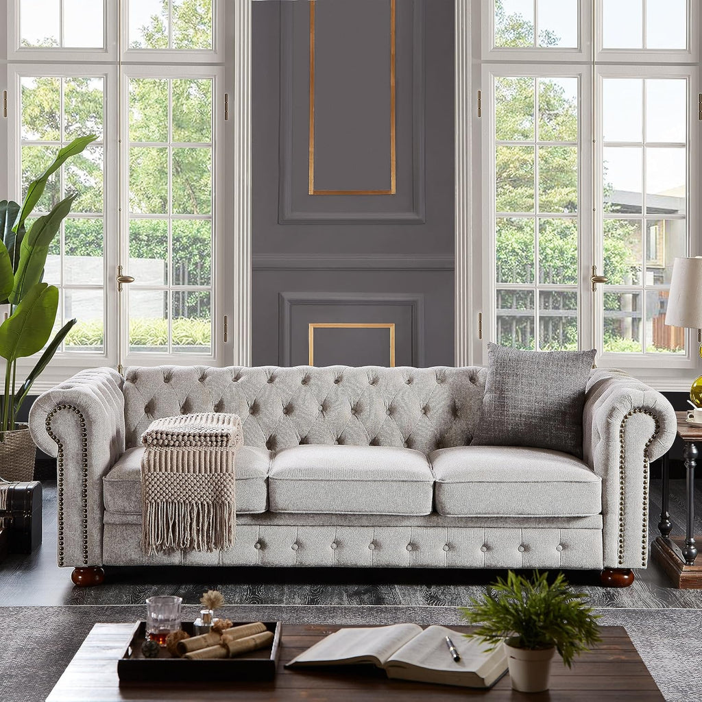 Chesterfield Sofa, 89" Mid Century Modern Loveseat Sofa in Linen Fabric, 3 Seater Couch for Small Spaces, Classic Couch for Bedroom, Living Room and Office, Light Grey