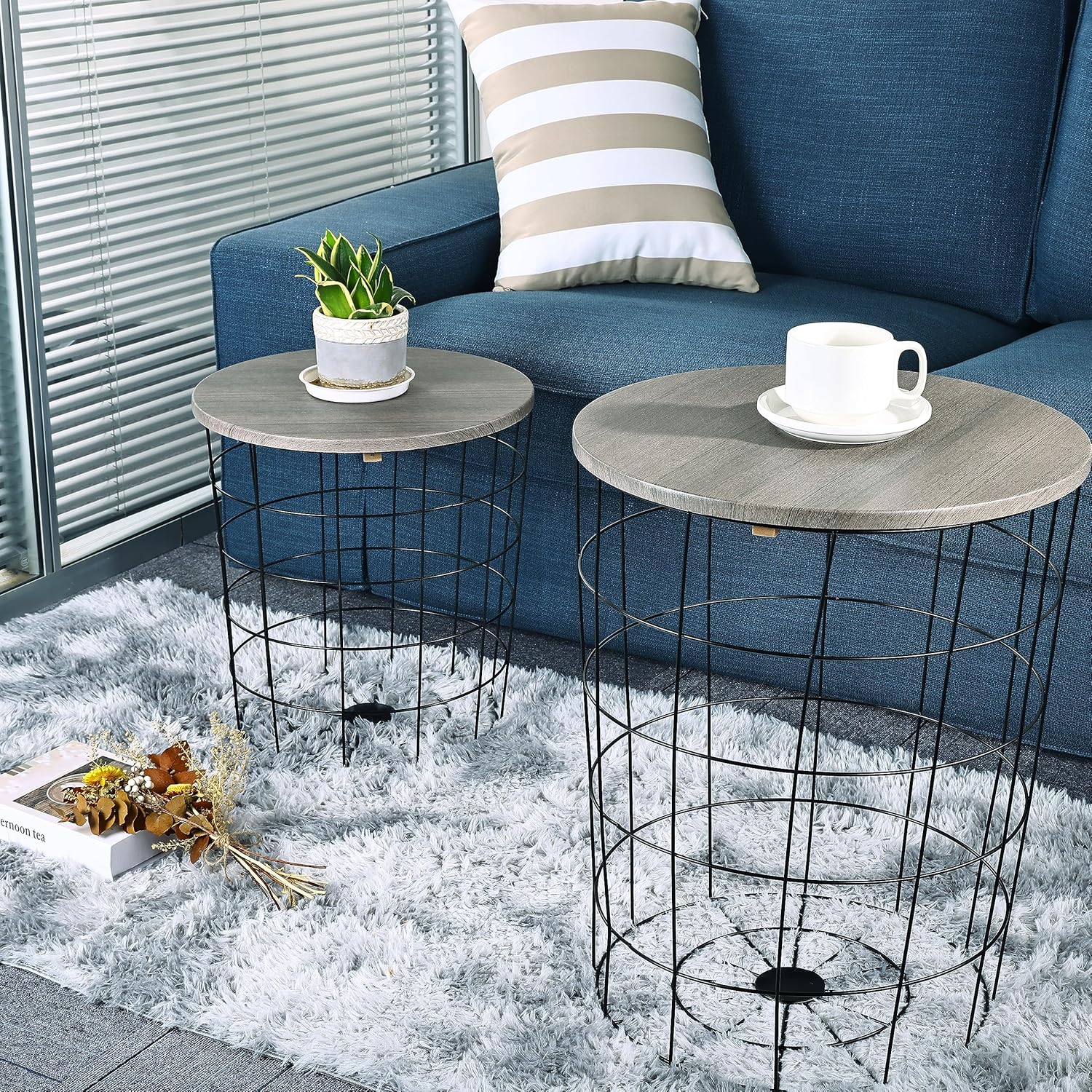 Nesting Table End Table Wire Basket Base with Wood Tops Side Table Set of 2, Gray
