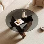 Honyee Modern Round Coffee Table, 30.7" x 30.7" x 16.1" Tempered Glass Top for Living Room, Color: Walnut