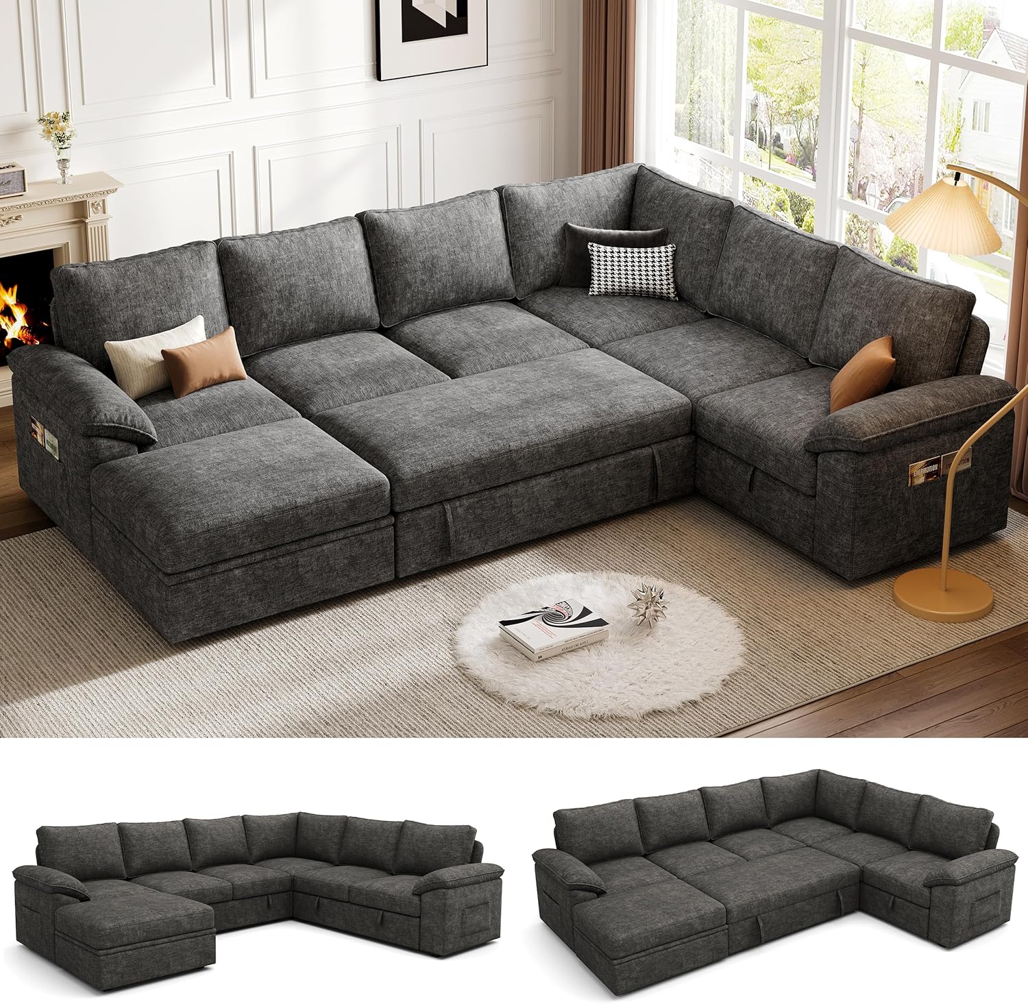 108 Inch Sectional Sleeper Sofa with Pull Out Bed, U Shaped 7 Seat Modular Sectional Sofa with Storage, Sectional Couches for Living Room, Cloud Modular Couch, Removable Sofa Cover, Dark Grey
