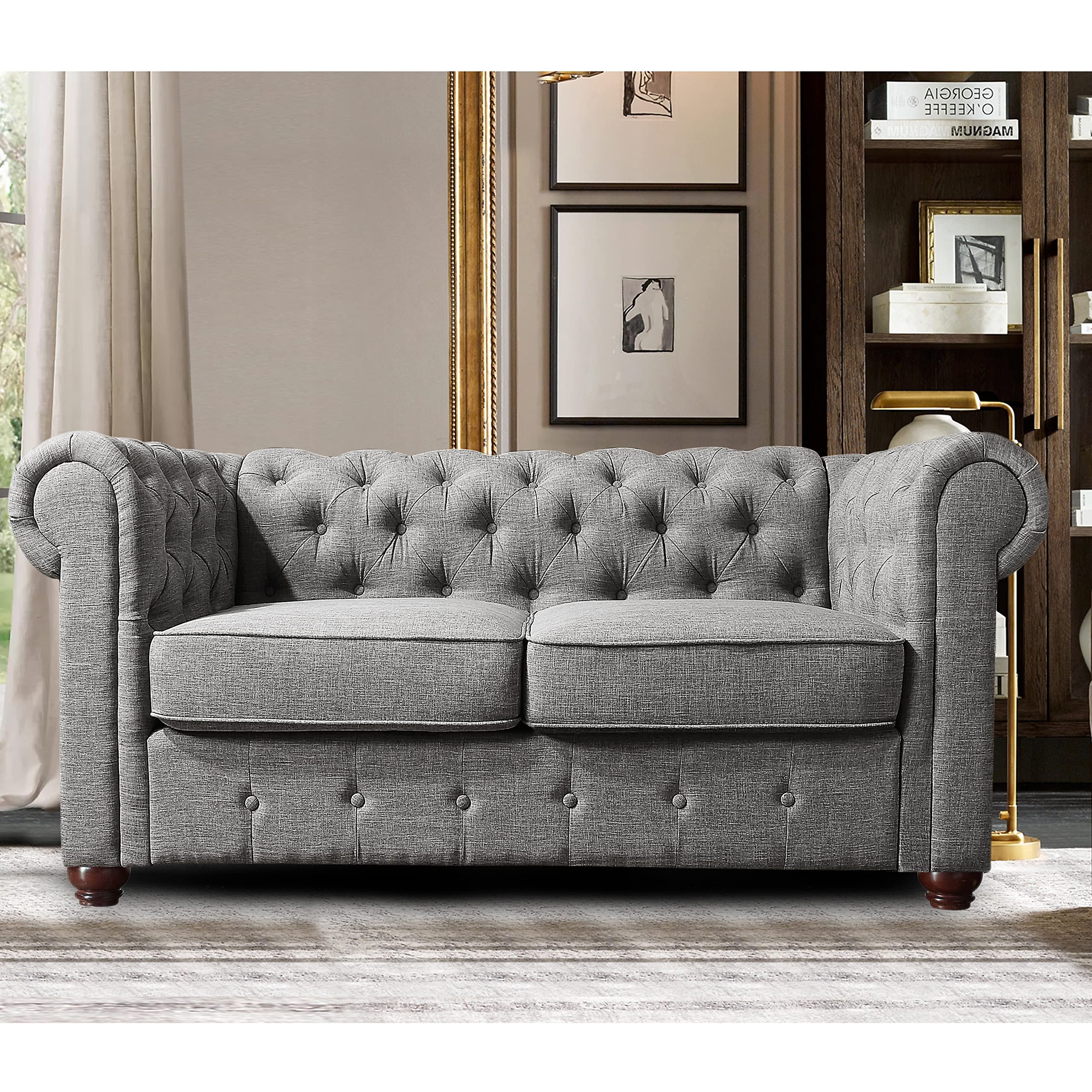 Rosevera Genevieve Upholstered Tufted Loveseat Couch,Chesterfield Sofa loveseat with Armrest Scroll Arm Sofa Couch, Sectional Sofa for Living Room Office