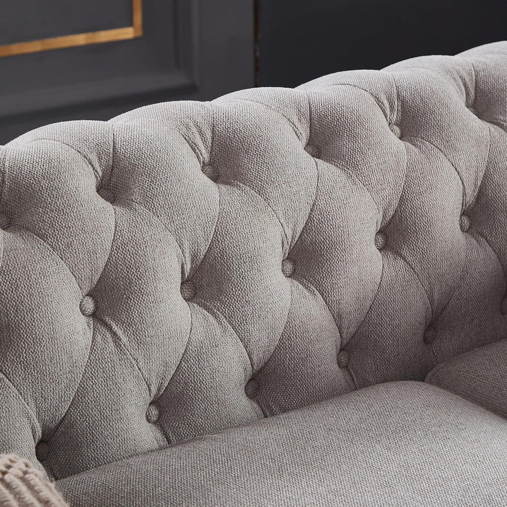 Chesterfield Sofa, 89" Mid Century Modern Loveseat Sofa in Linen Fabric, 3 Seater Couch for Small Spaces, Classic Couch for Bedroom, Living Room and Office, Light Grey