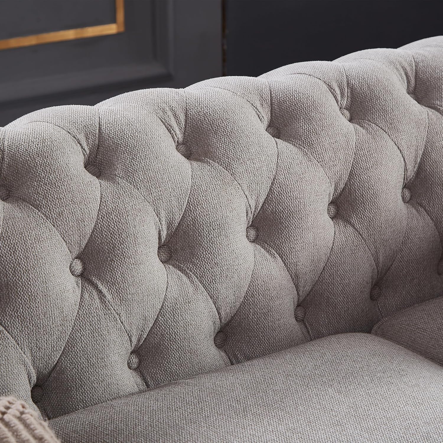 Chesterfield Sofa, 89" Mid Century Modern Loveseat Sofa in Linen Fabric, 3 Seater Couch for Small Spaces, Classic Couch for Bedroom, Living Room and Office, Light Grey