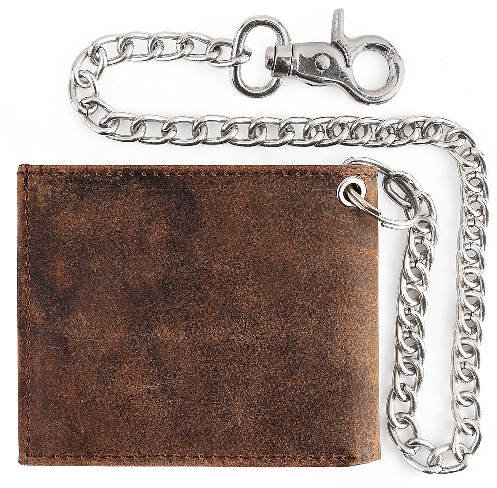 F&L CLASSIC RFID Blocking Mens bi-fold Style Cowhide Leather Steel Chain Wallet, brown vintage leather