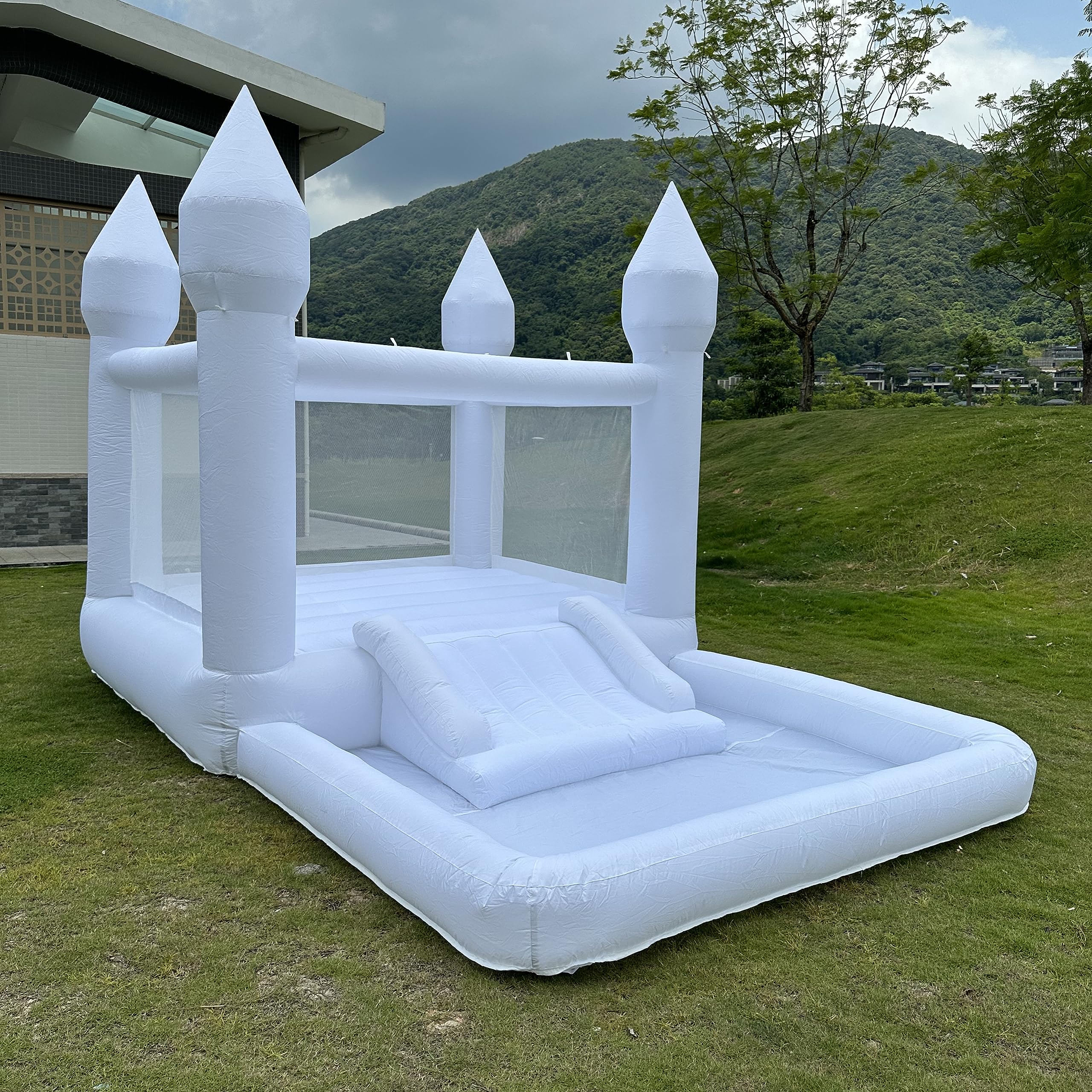 Portable White Bounce House with Slide and Ball Pit Multifunctional Inflatable Bouncer for Kids(13 * 8 * 8ft Oxford Cloth，with Air Blower